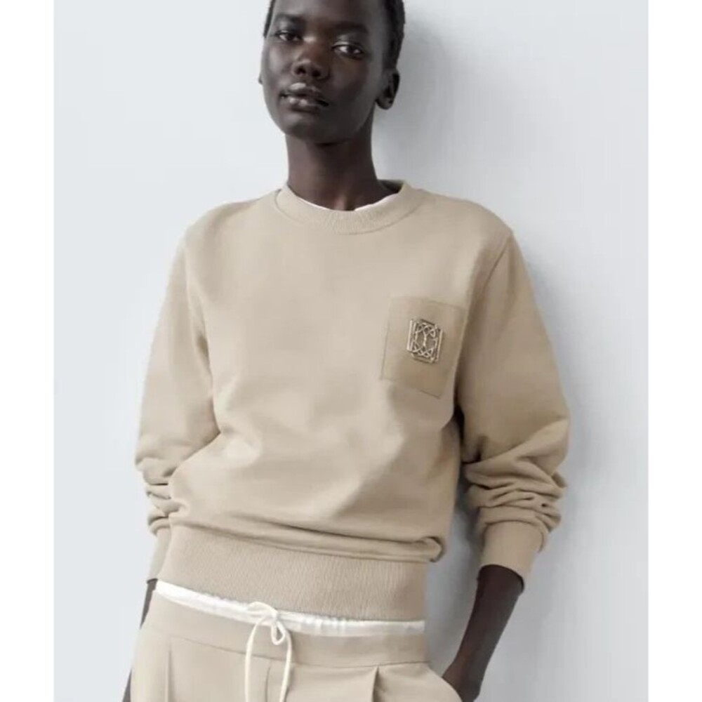 Zara Small Brooch Sweatshirt Brown Cotton Cropped Crewneck Pullover Long Sleeve